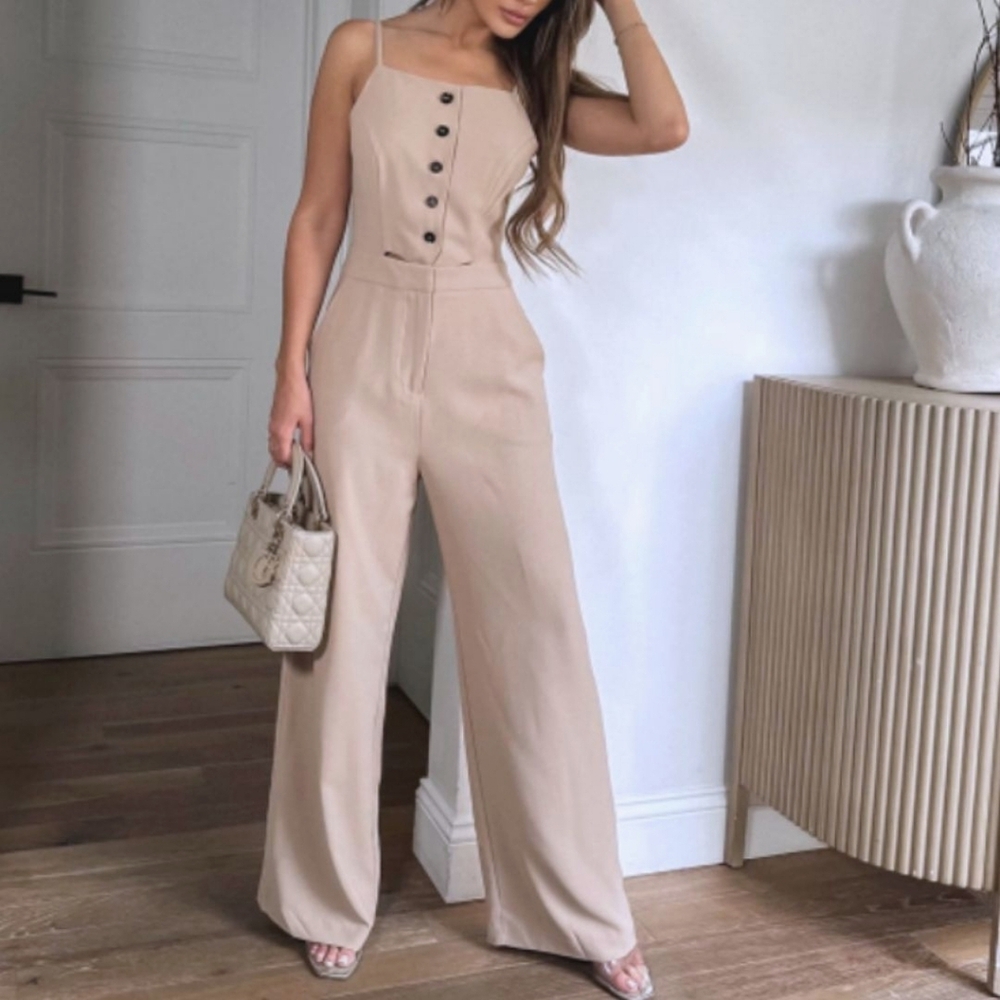 Lena Tan Front Button Wide-Leg Pants Women Suit Style Straps Jumpsuit